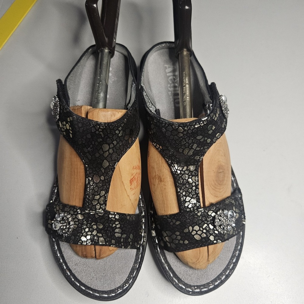 Alegria‎ Womens Sandals 8.5 Black Leather Lara Wedge Pewter Mosaic Comfort